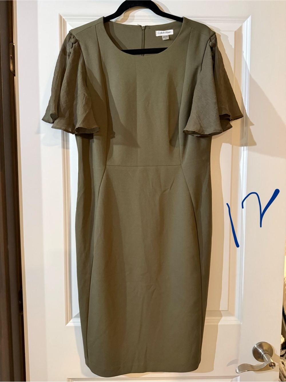 Calvin Klein Olive Green Flutter-Sleeve Midi Dress